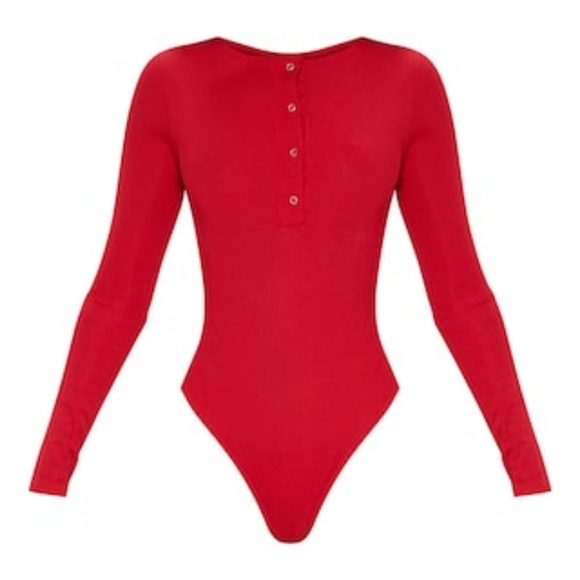 Red Long Sleeve Rib Popper Bodysuit - Picture 2 of 6